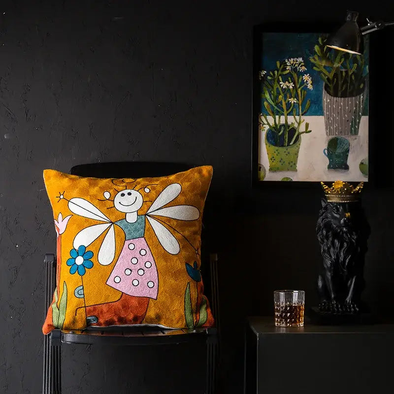 Vibrant orange decorbites christmas picasso style cushion cover featuring an embroidered fairy for sofa and bed decor