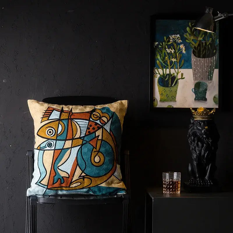 Decorbites christmas picasso square cushion cover with embroidered teal orange fish on beige for sofa and bed decor