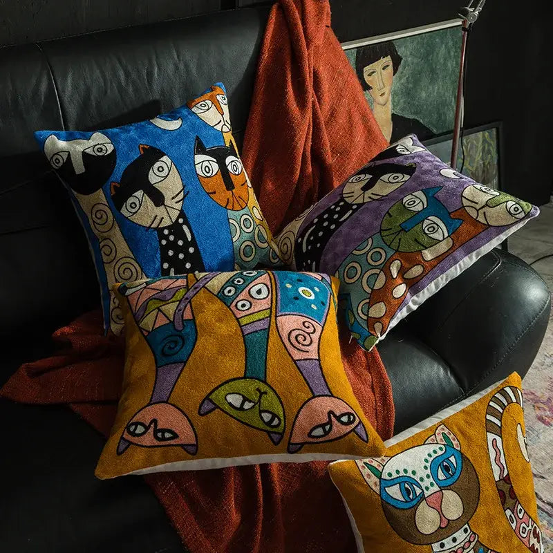 Colorful embroidered cat-themed cushion cover in vibrant blues purples and yellows by decorbites christmas picasso style