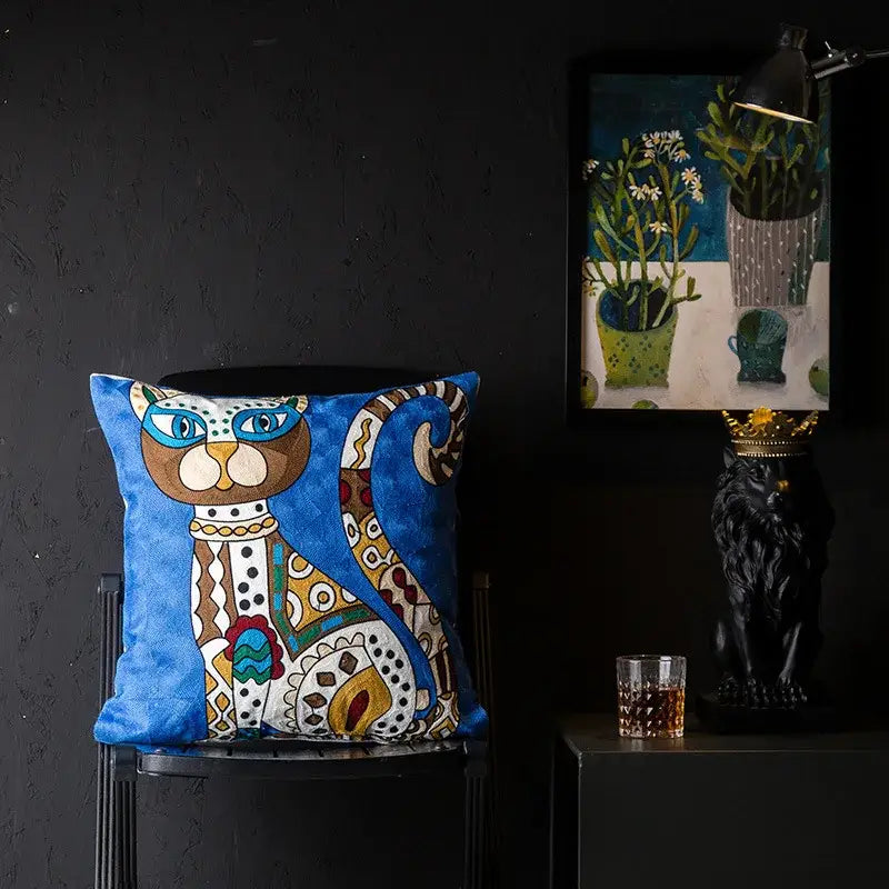 Blue velvet cushion cover with embroidered stylized cat in christmas picasso style by DecorBites for sofa and bed