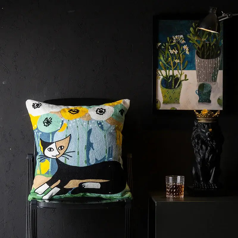 Decorbites christmas picasso style cushion cover with colorful embroidery of black and white cat on abstract florals