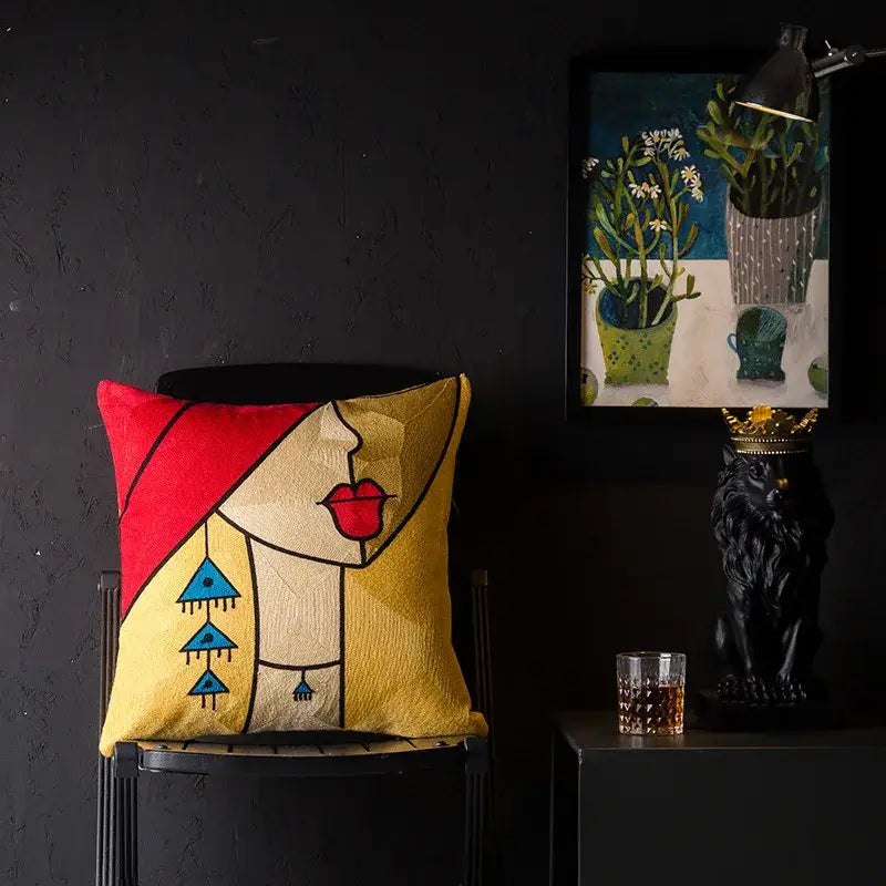 Vibrant decorbites christmas picasso cushion cover with embroidered stylized woman red hair yellow background geometric patterns