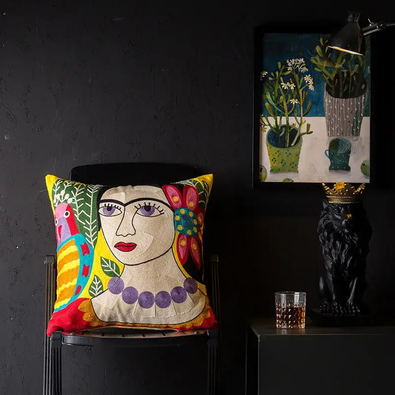 Vibrant decorbites christmas picasso cushion cover with stylized woman embroidery in bold colors for sofa and bed