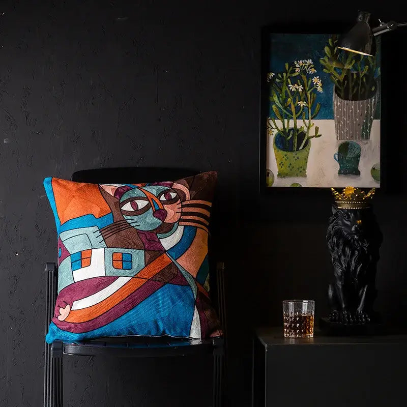 Vibrant decorbites christmas picasso style cushion cover with embroidered geometric cat in rich orange blue teal purple and brown colors