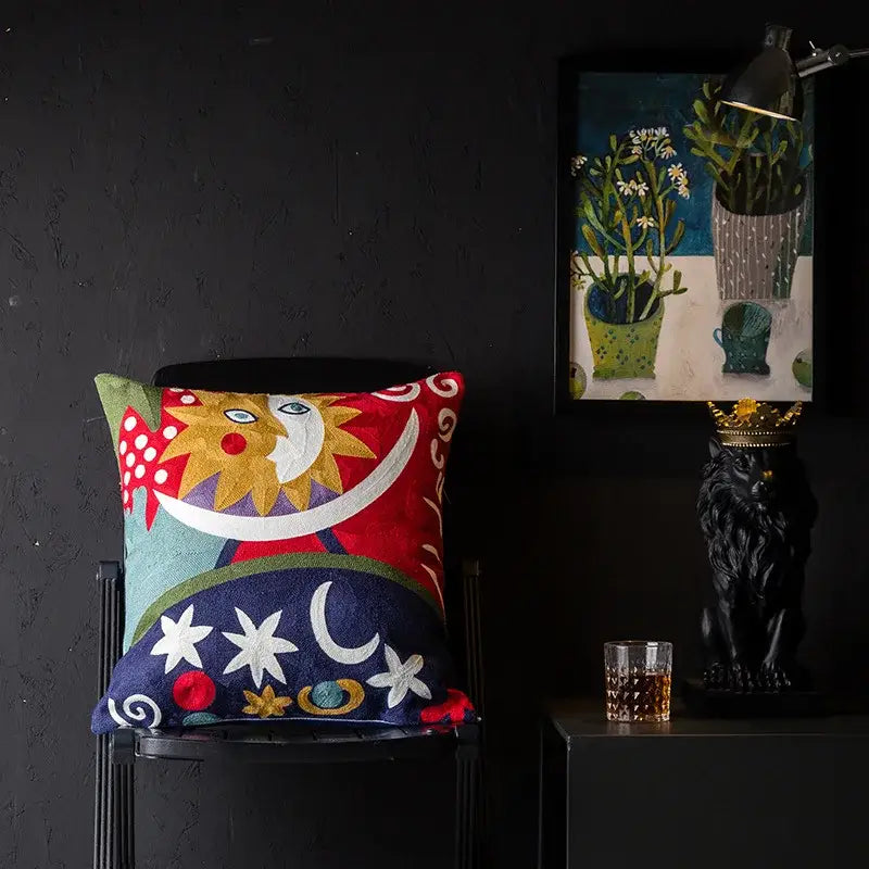 Vibrant decorbites christmas picasso cushion cover with embroidered sun and moon in red gold blue and white for sofa and bed