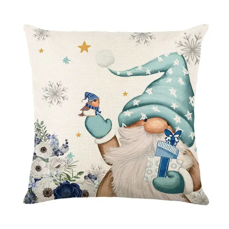 Beige decorbites christmas pillowcase featuring a whimsical gnome with teal hat and mittens for festive sofa decor