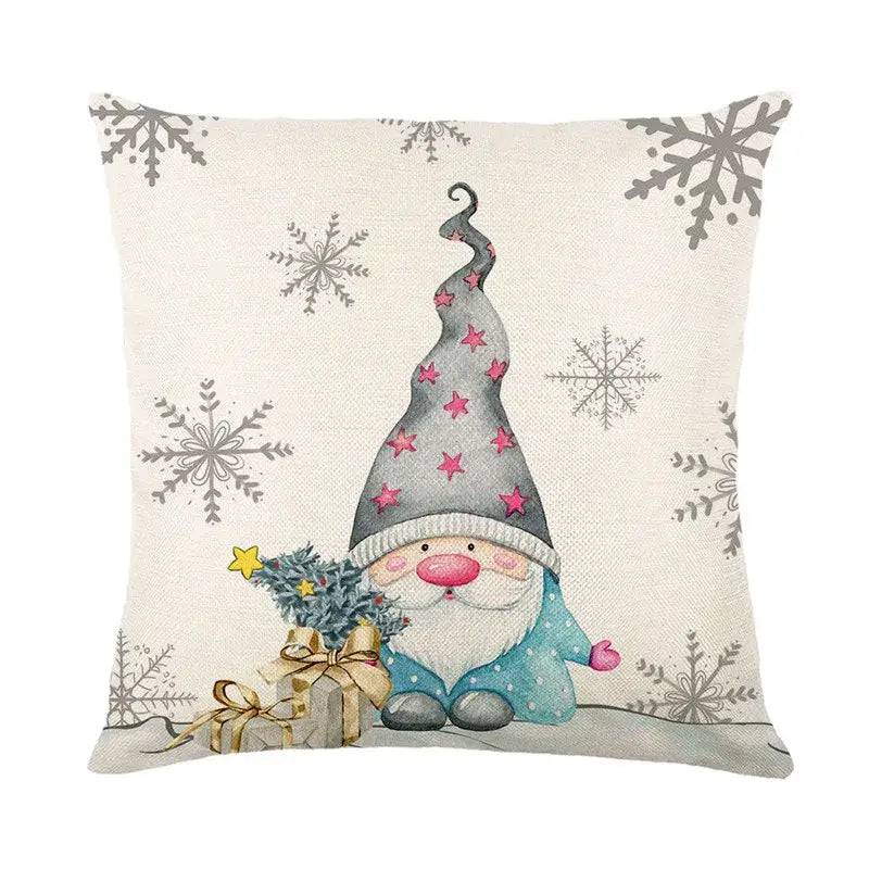 Beige linen decorbites christmas pillowcase with cartoon gnome and silver snowflakes from christmas pillowcase collection