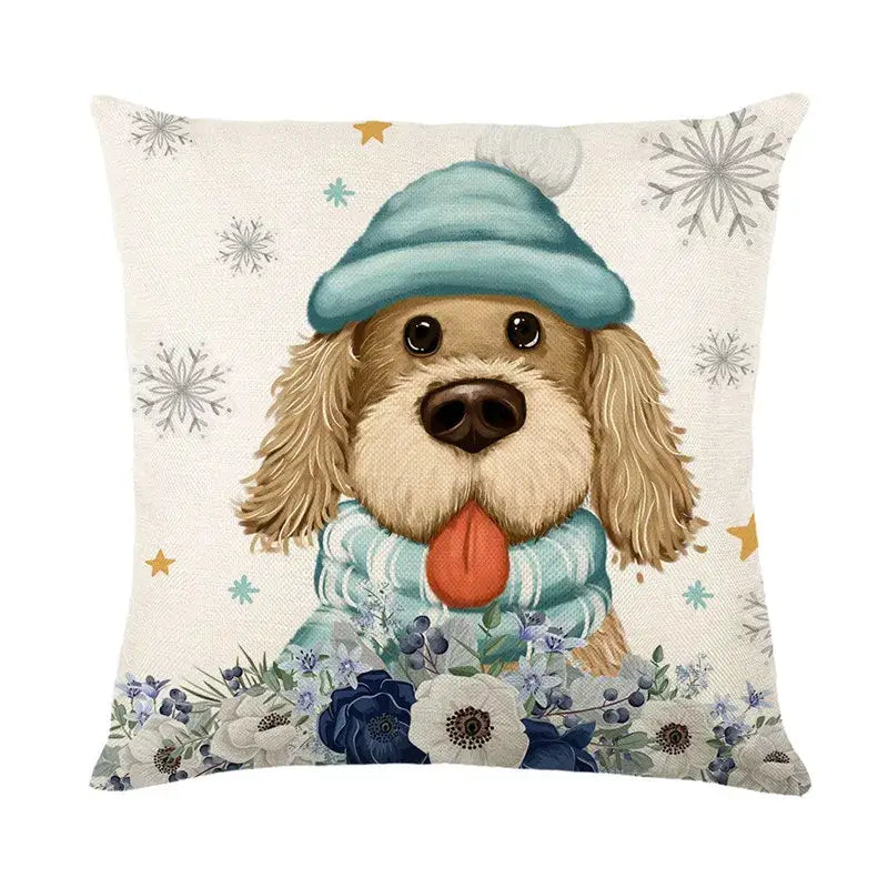 Cute beige dog pillow with blue knit hat and scarf in decorbites christmas pillowcase collection with festive patterns
