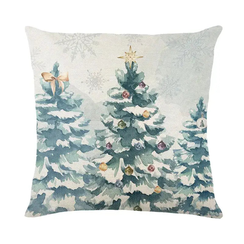 Square pillow featuring watercolor christmas trees with colorful ornaments from decorbites christmas pillowcase collection