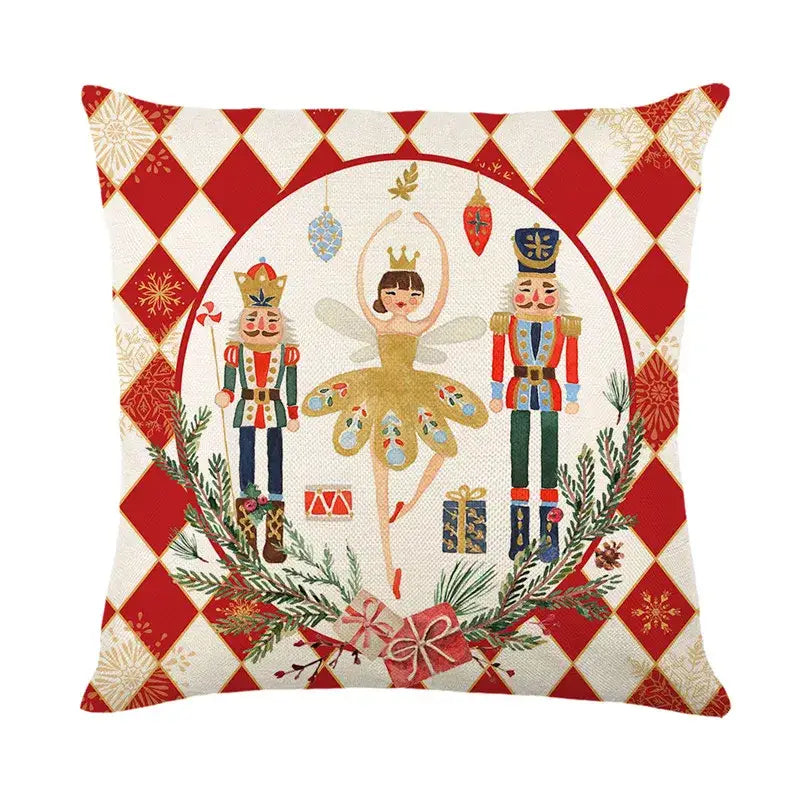 Red and white diamond patterned decorbites christmas pillowcase with nutcracker and golden fairy wreath design