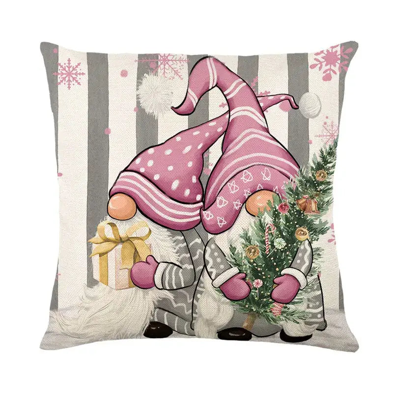 Square cushion from decorbites christmas pillowcase collection featuring two pink-hatted gnomes with gift and tree