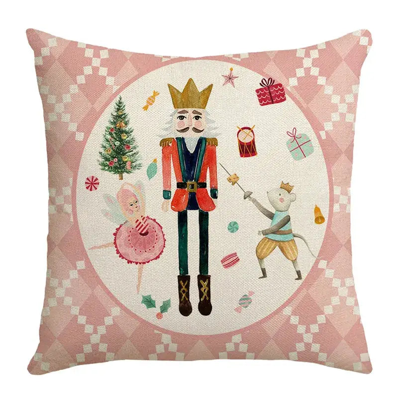 Pink decorbites christmas pillowcase with whimsical nutcracker soldier mouse knight and festive holiday elements design