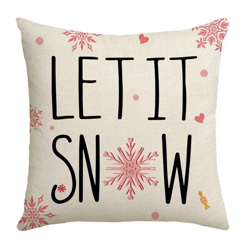 Beige linen decorbites christmas pillowcase with let it snow in black and pink accents from christmas pillowcase collection