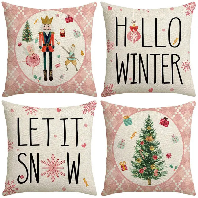 Set of four decorbites christmas pillowcase collection in soft pink and cream with festive holiday designs