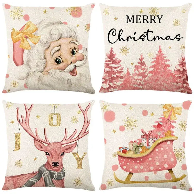 Set of four festive decorbites christmas pillowcases featuring santa, snowy trees, reindeer joy, and gift-filled sleigh designs