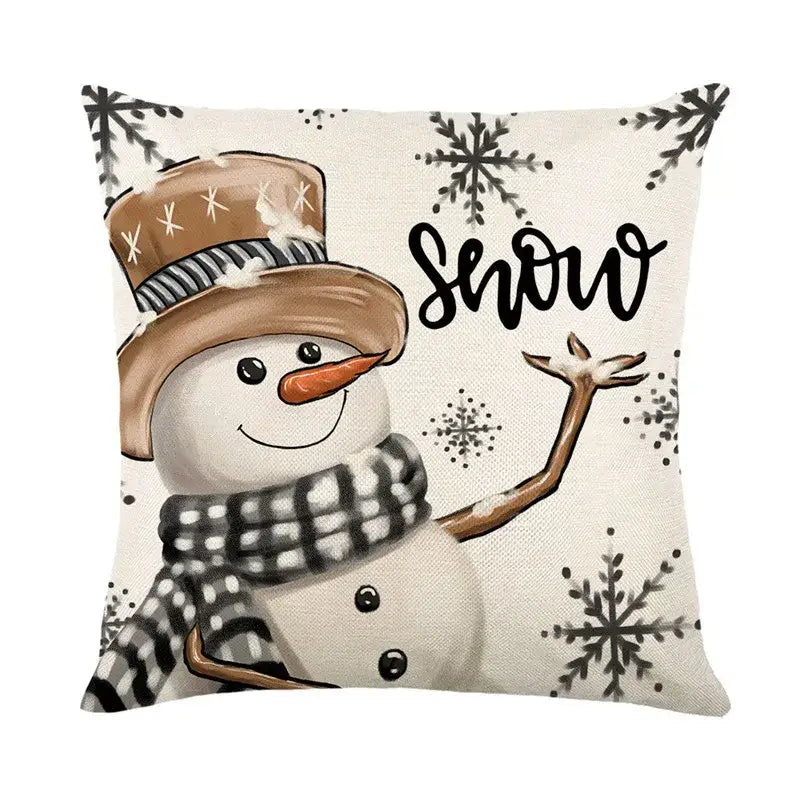 Beige decorbites christmas pillowcase featuring a cheerful snowman with top hat and checkered scarf from christmas pillowcase collection
