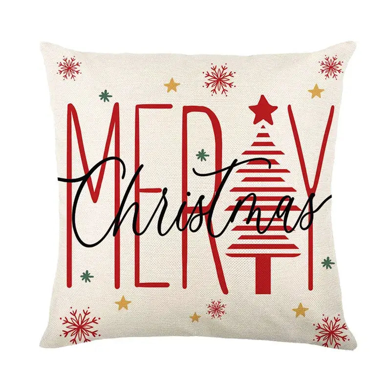 Cream-colored linen decorbites christmas pillowcase with red and black merry christmas text and festive tree design