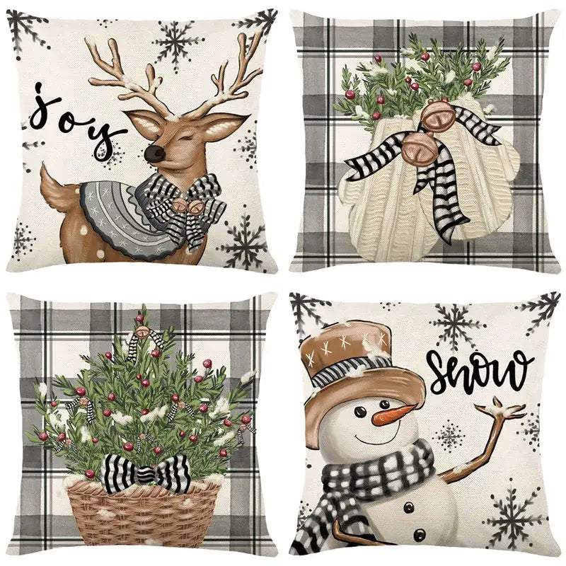 Set of four decorbites christmas pillowcase collection featuring festive deer, wreath, tree, and snowman designs for sofa decor