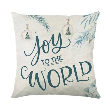Beige decorbites christmas pillowcase with teal joy to the world script and pine branch design from christmas pillowcase collection