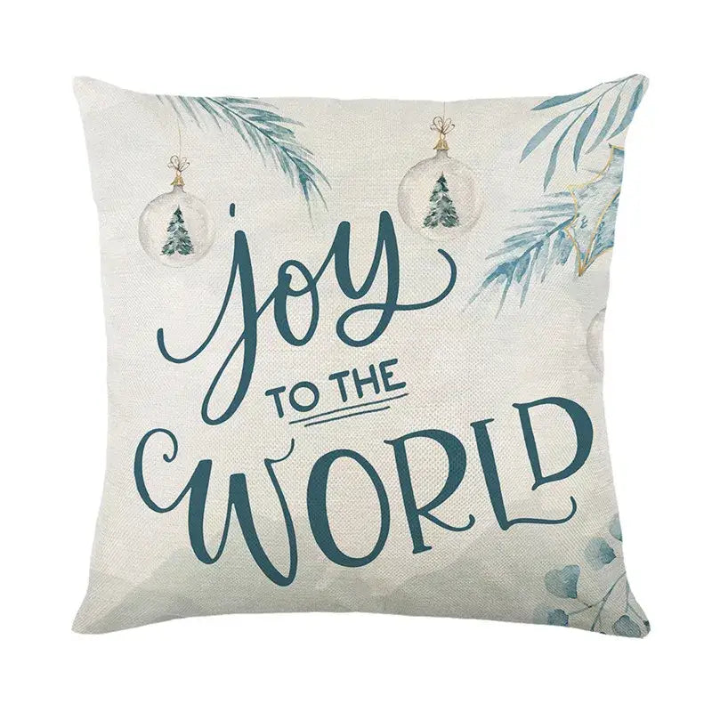 Beige decorbites christmas pillowcase with teal joy to the world script and pine branch design from christmas pillowcase collection