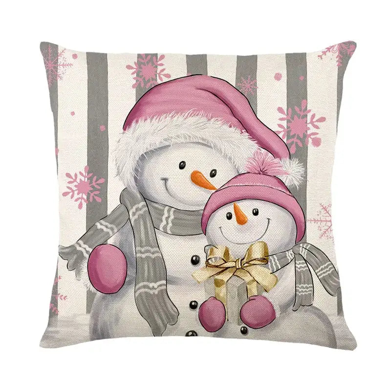 Cute pink and gray snowman-themed cushion with textured fabric from decorbites christmas pillowcase collection