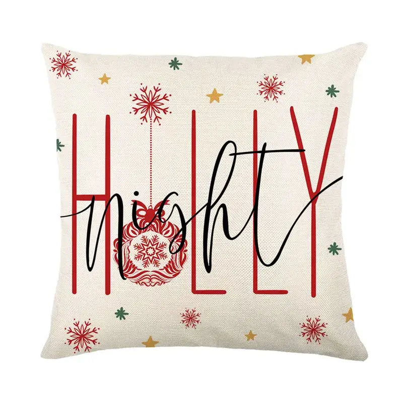 Cream-colored linen throw pillow from decorbites christmas pillowcase collection with holly night and festive snowflake design