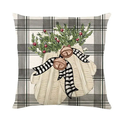 Cozy cream-colored knitted sweater with striped ribbon and copper bells in decorbites christmas pillowcase collection festive sofa decor