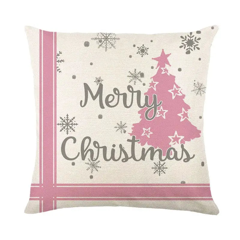 Pink and gray merry christmas throw pillow with festive tree design from decorbites christmas pillowcase collection