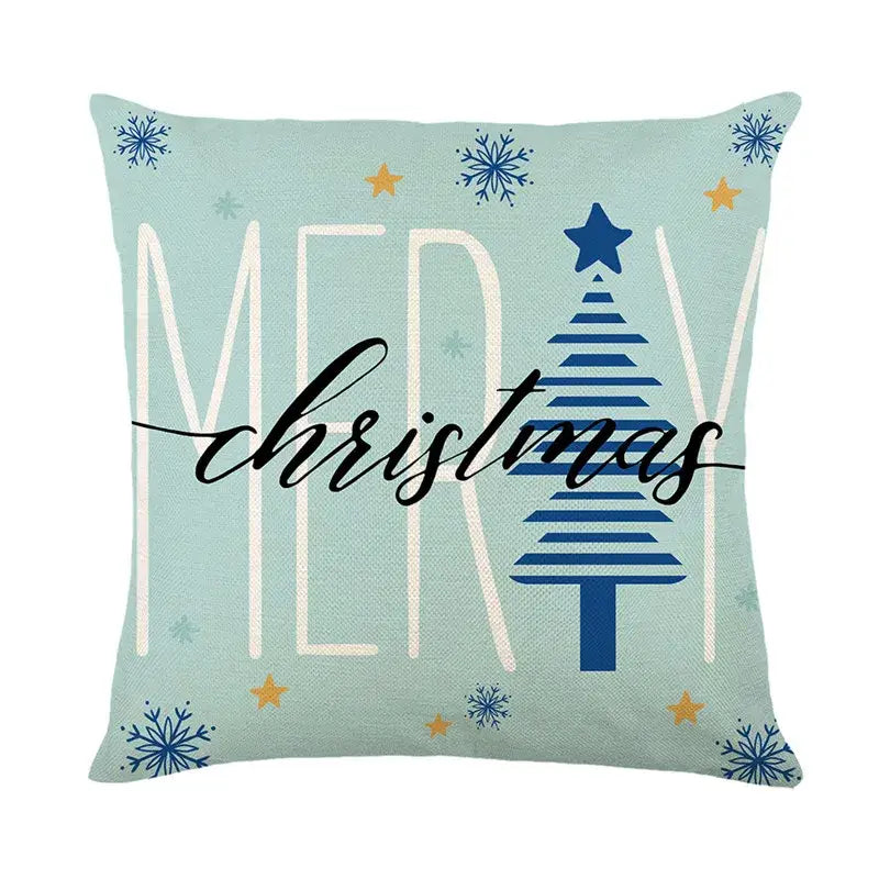 Light blue decorbites christmas pillowcase with merry christmas script, striped blue tree, and snowflakes from christmas pillowcase collection