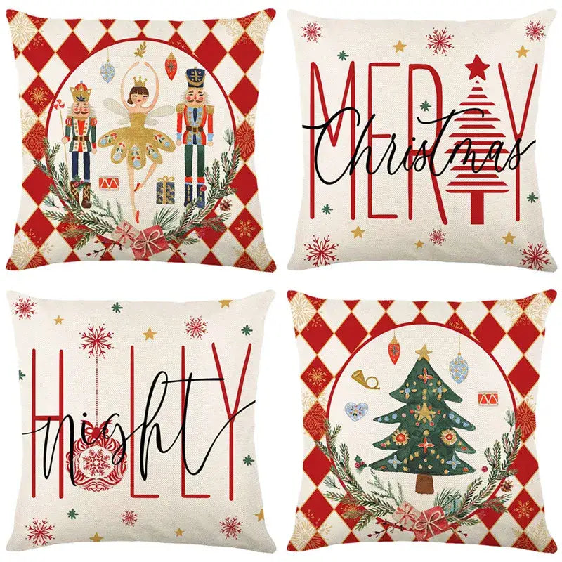 Set of four decorbites christmas pillowcase covers in red and cream with festive holiday patterns for sofa decor