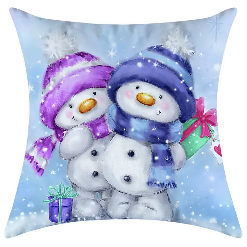 Decorbites christmas pillowcase featuring cute snowman cushion with blue background and festive hats holding gifts