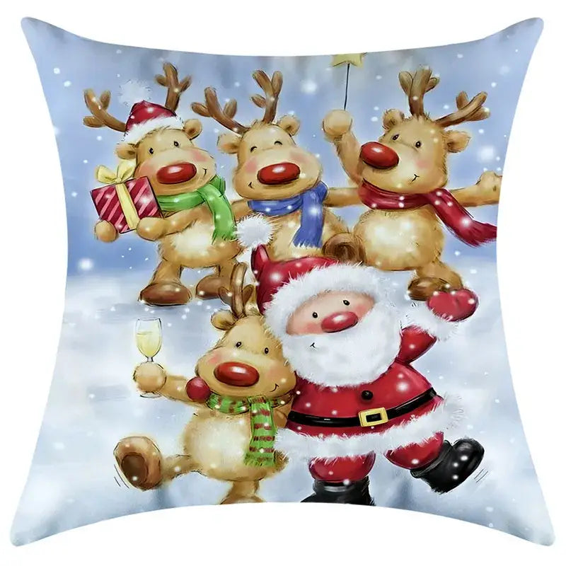 Decorbites christmas pillowcase featuring cheerful santa claus and reindeer illustration on snow backdrop for festive decor