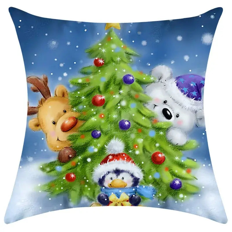 Decorbites christmas pillowcase featuring a festive cartoon tree with red and purple ornaments and holiday animal characters