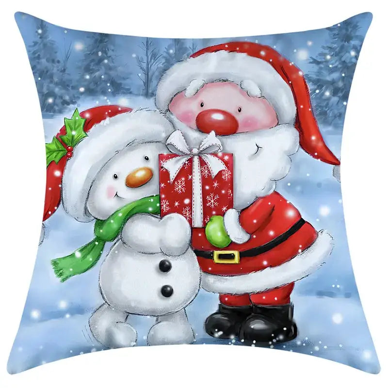 Cute red and white decorbites christmas pillowcase featuring santa claus and a snowman holding a gift box design