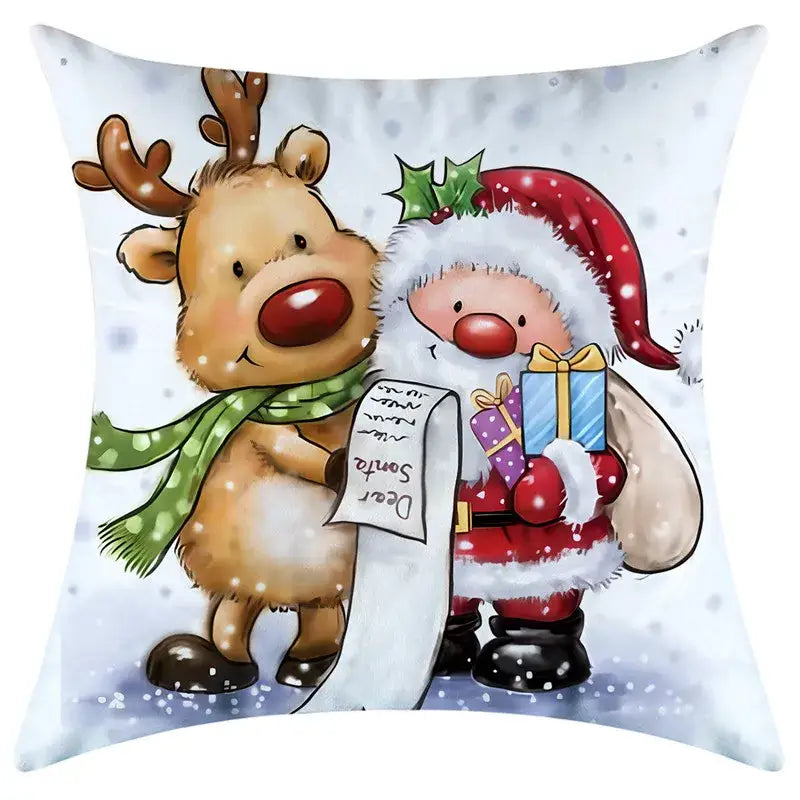 White throw pillow featuring cartoon santa claus and reindeer in festive attire from decorbites christmas pillowcase collection