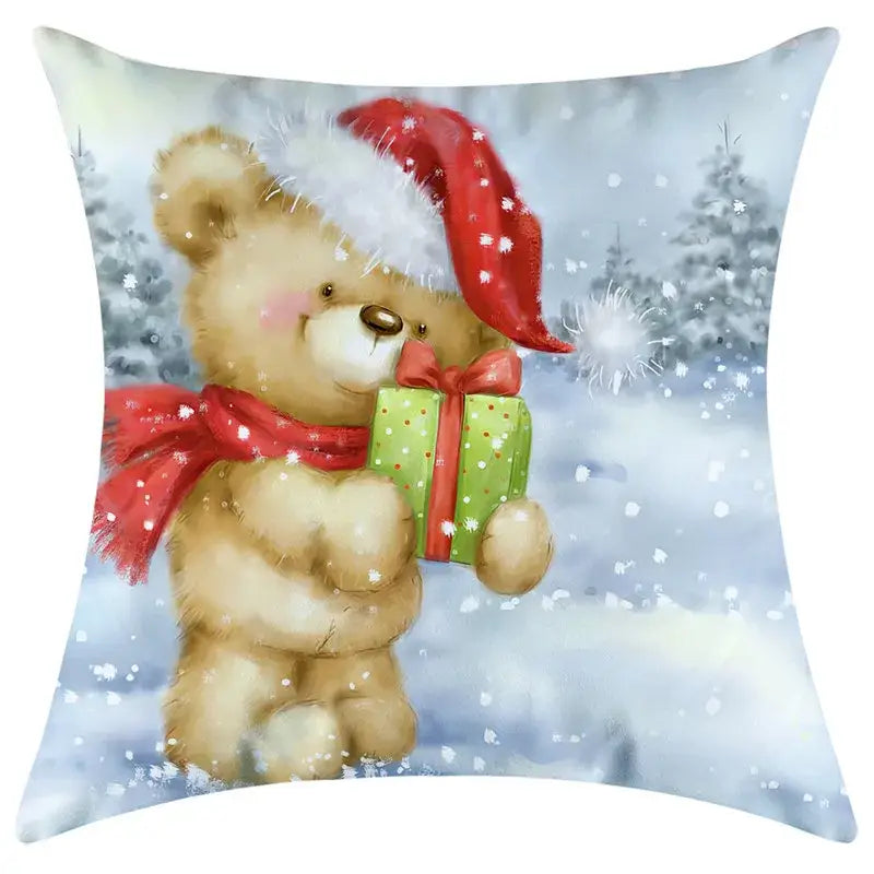 Decorbites christmas pillowcase featuring a cozy beige teddy bear with santa hat holding a green gift box print