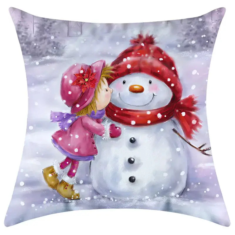 Cozy square decorbites christmas pillowcase with child in pink winter attire kissing snowman in red hat and scarf