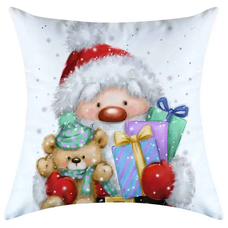 White decorbites christmas pillowcase featuring santa claus with gifts and teddy bear in festive attire design