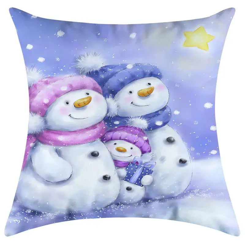 Cozy square decorbites christmas pillowcase featuring three snowmen in winter attire against a snowy night sky