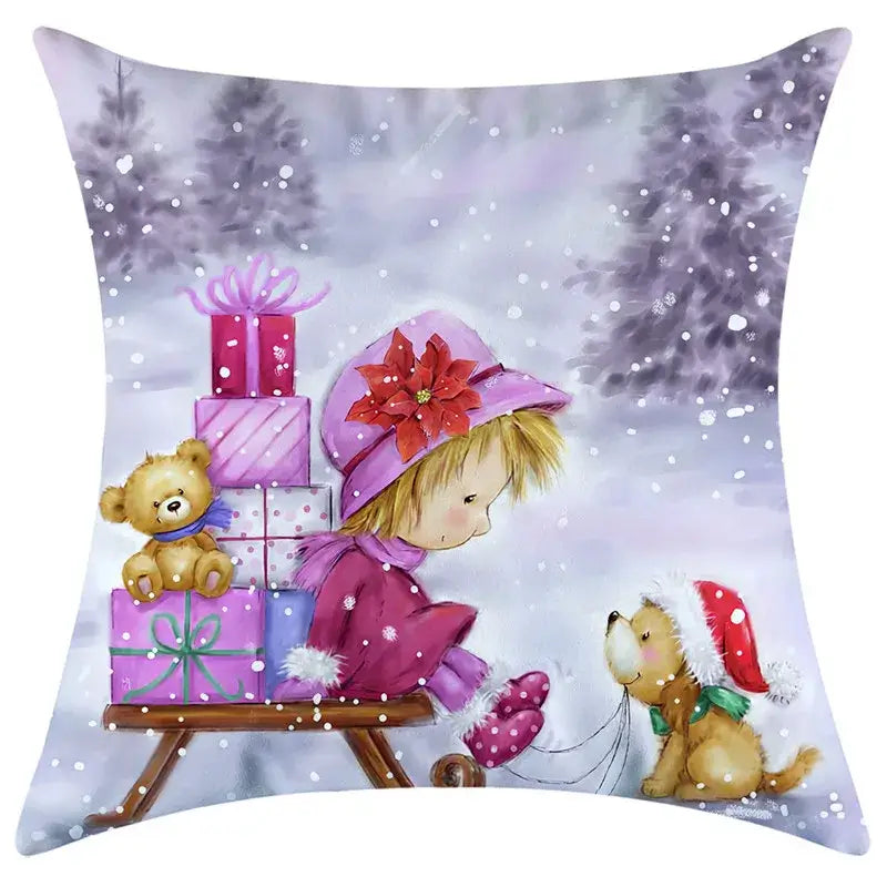 Cozy decorbites christmas pillowcase featuring a child in pink winter attire with festive gifts and teddy bears design
