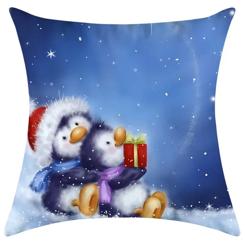 Square decorbites christmas pillowcase with festive penguin illustration on snowy starry night for holiday decor