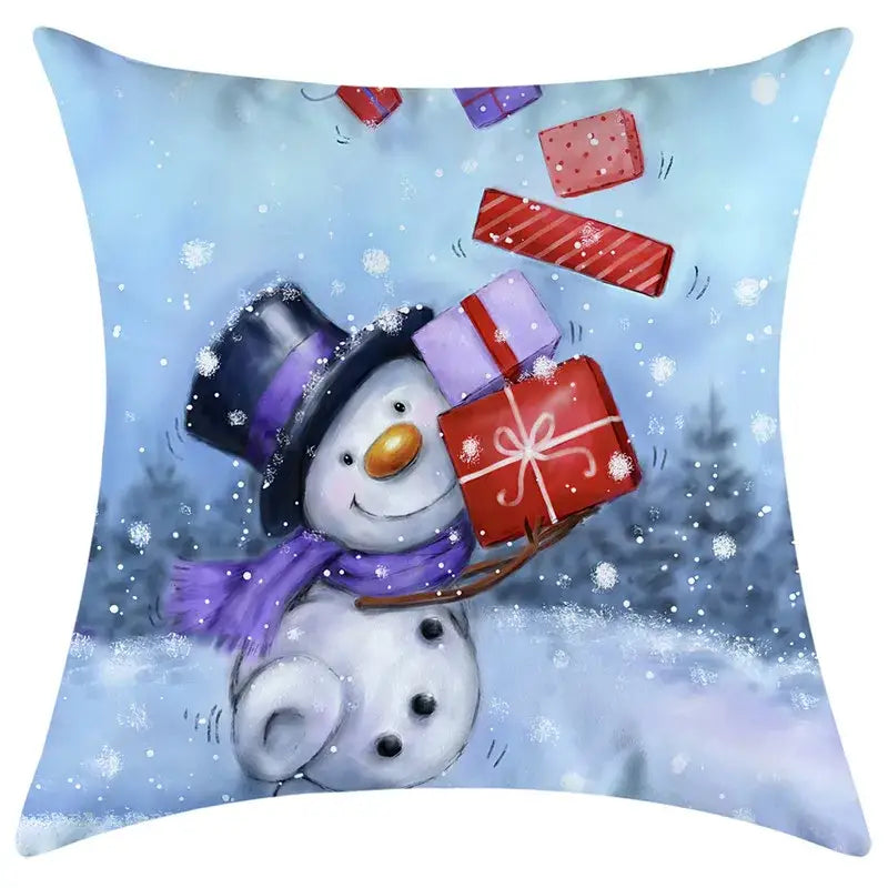 Cozy square decorbites christmas pillowcase featuring a cheerful snowman with gifts on a snowy winter backdrop