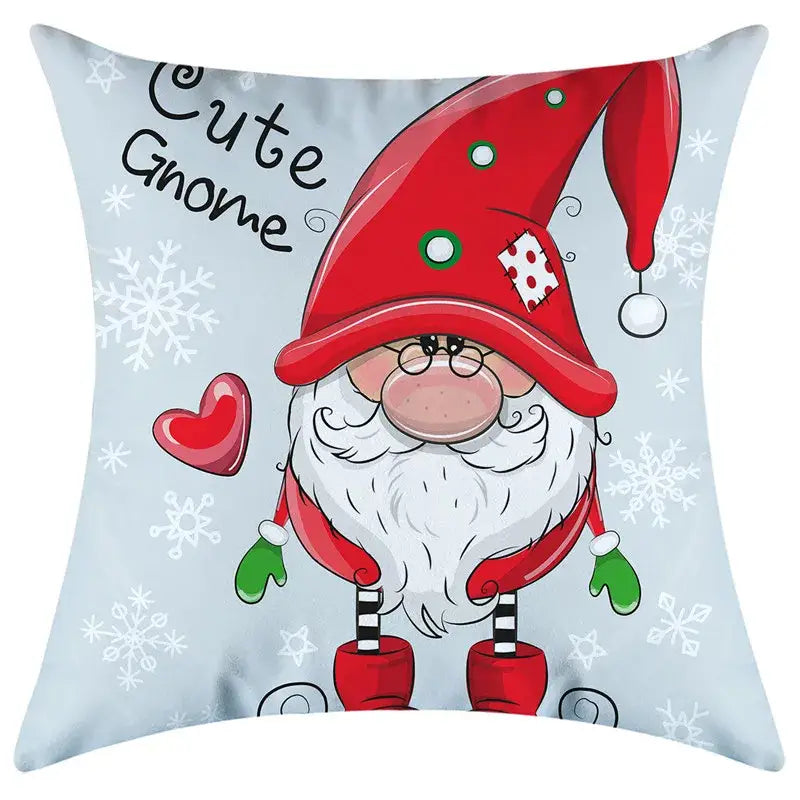 Light blue decorbites christmas pillowcase featuring a cartoon gnome with red hat green mittens and striped boots