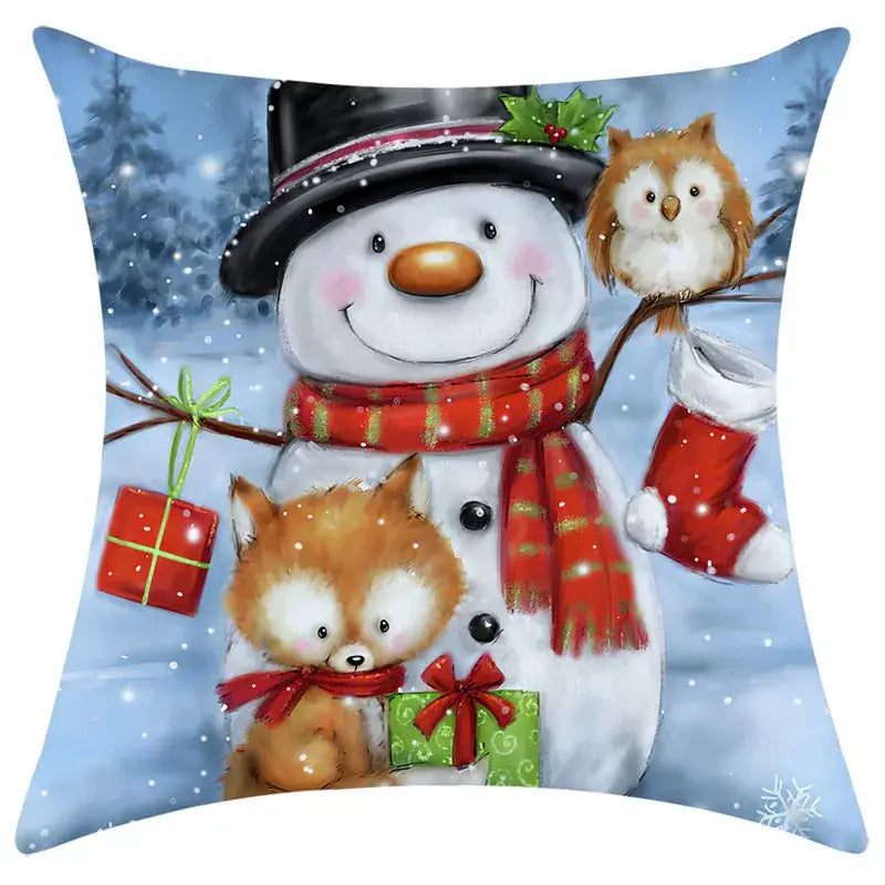 Cozy decorbites christmas pillowcase featuring a snowman with owl and fox in a winter snowy scene design