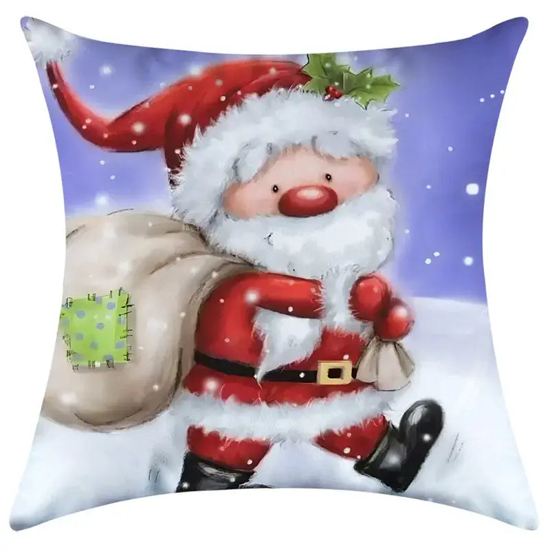 Festive decorbites christmas pillowcase featuring a cheerful santa in red suit with gifts on a snowy backdrop
