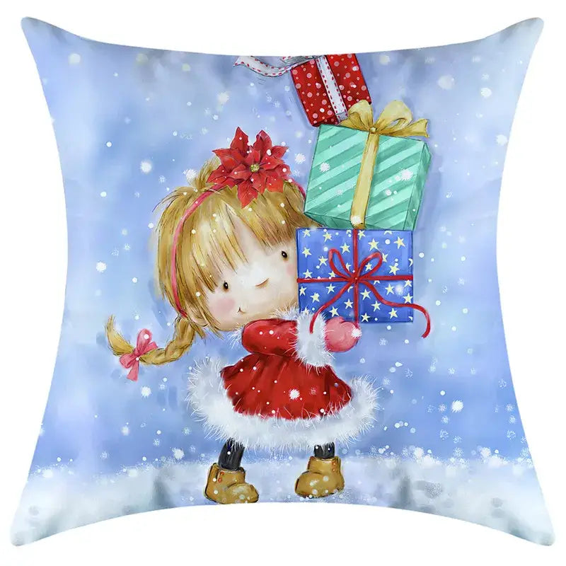 A decorbites christmas pillowcase featuring a blonde girl in a red dress holding gifts on a snowy blue background