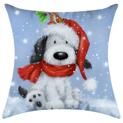 A cozy white and black dog decorbites christmas pillowcase with festive red santa hat, scarf, and holly sprig accent