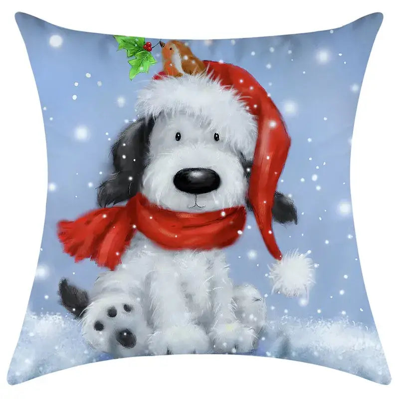A cozy white and black dog decorbites christmas pillowcase with festive red santa hat, scarf, and holly sprig accent
