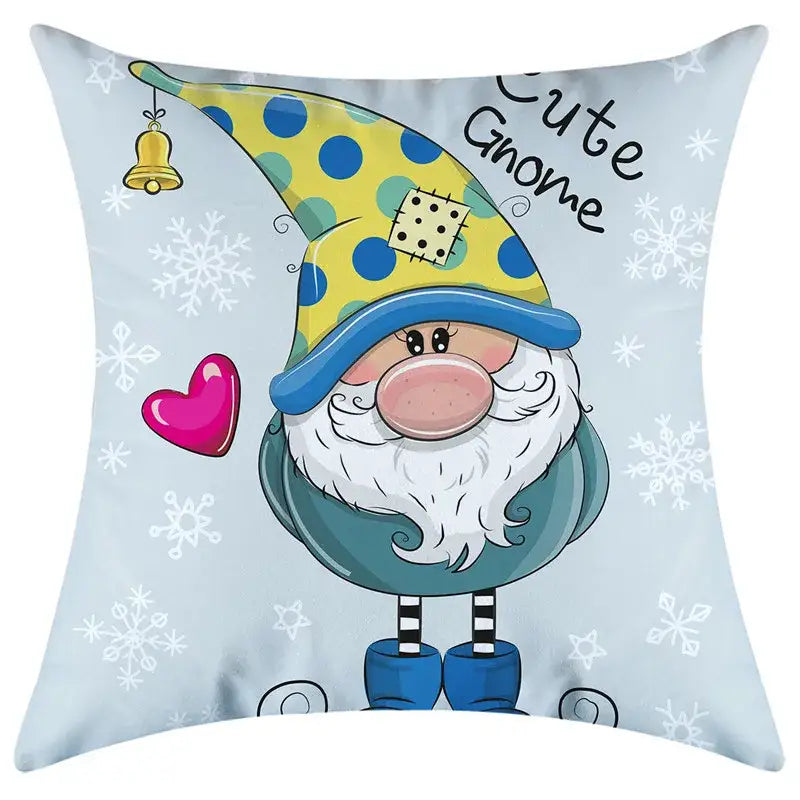 Light blue decorbites christmas pillowcase featuring a cartoon gnome with yellow polka-dot hat and striped boots