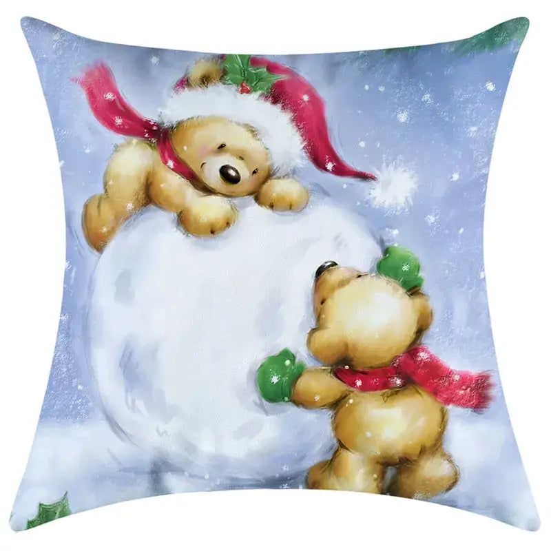 Square cushion with festive teddy bears playing in snow featuring decorbites christmas pillowcase print decor